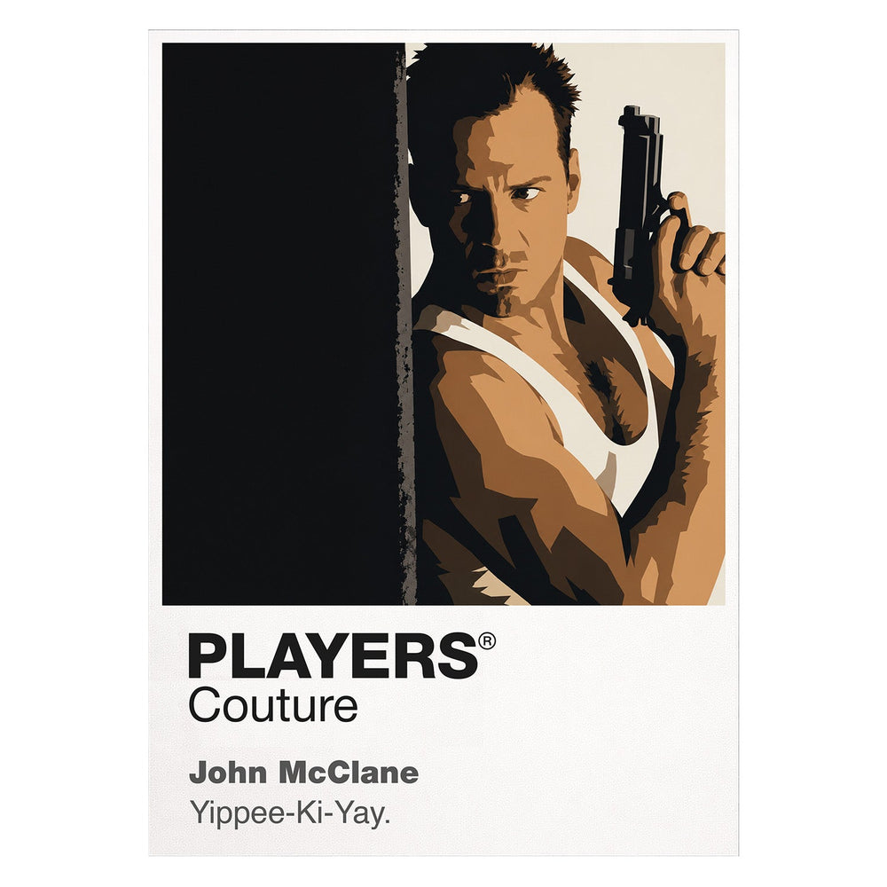 John McClane John McClane in white vest with service pistol and radio inside Nakatomi Plaza Icon Frame artwork on white