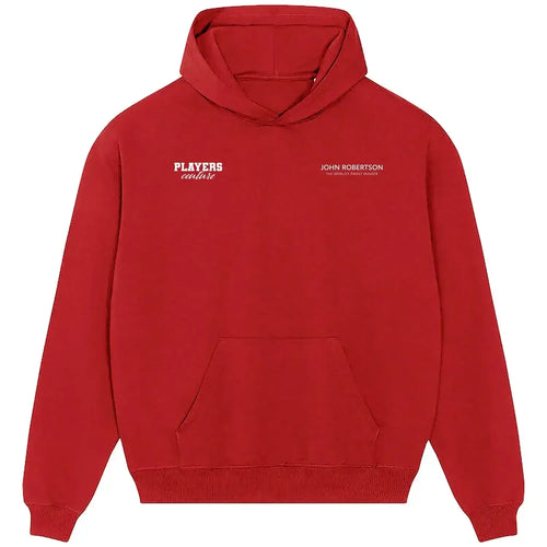 John Robertson hoodie – red men's hoodie featuring the John Robertson Players Couture logo