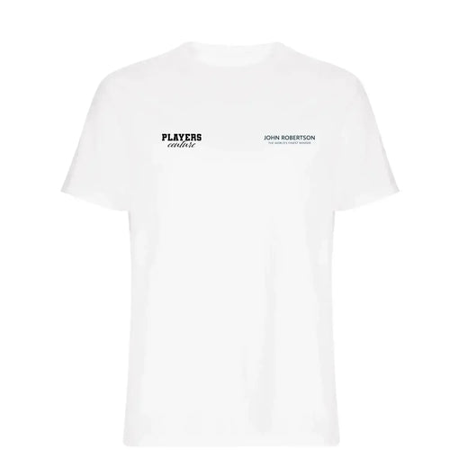 John Robertson t-shirt – white men's t-shirt featuring the John Robertson Players Couture logo