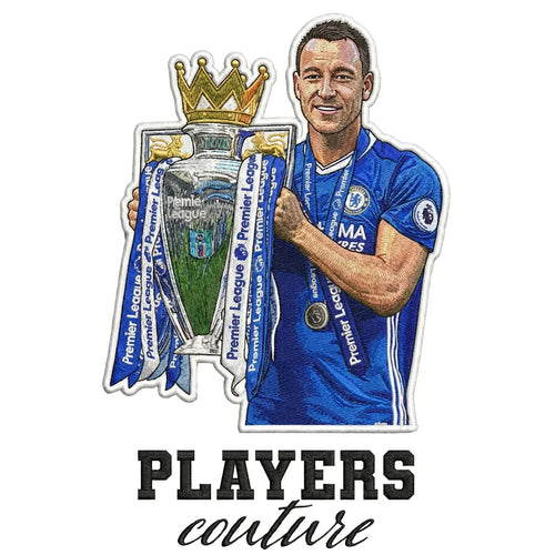 John Terry Badge Men's Hoodie – white close-up detail shot of the John Terry Players Couture logo design