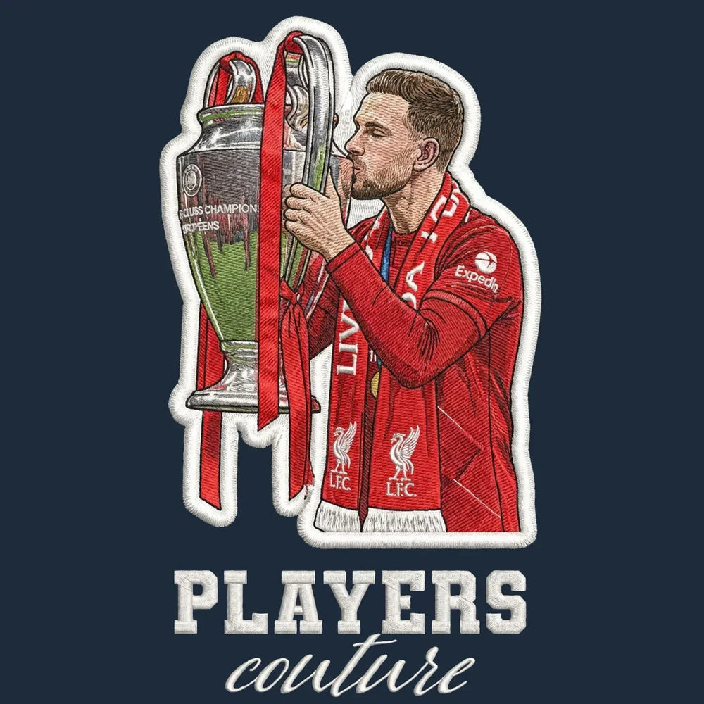 Jordan Henderson Badge Men's Hoodie – navy close-up detail shot of the Jordan Henderson Players Couture logo design