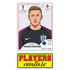 Jordan Pickford World Cup Sticker Men's T-Shirt – close-up detail shot of the Jordan Pickford World Cup Players Couture logo