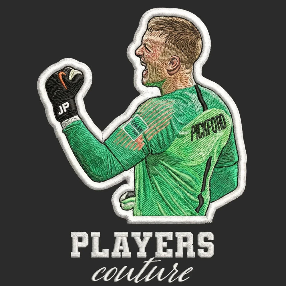 Jordan Pickford Badge Men's Hoodie – black close-up detail shot of the Jordan Pickford Players Couture logo design