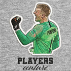 Jordan Pickford Badge Men's Hoodie – grey close-up detail shot of the Jordan Pickford Players Couture logo design