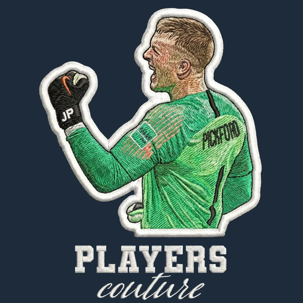 Jordan Pickford Badge Men's Hoodie – navy close-up detail shot of the Jordan Pickford Players Couture logo design