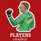 Jordan Pickford Badge Men's Hoodie – red close-up detail shot of the Jordan Pickford Players Couture logo design