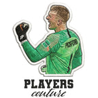 Jordan Pickford Badge Men's Hoodie – white close-up detail shot of the Jordan Pickford Players Couture logo design