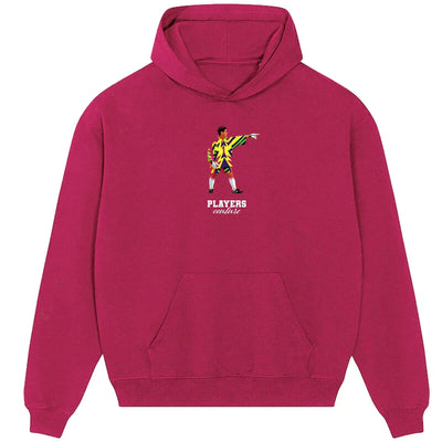 Jorge Campos hoodie – pink men's hoodie with black Jorge Campos letters and Players Couture logo on the chest