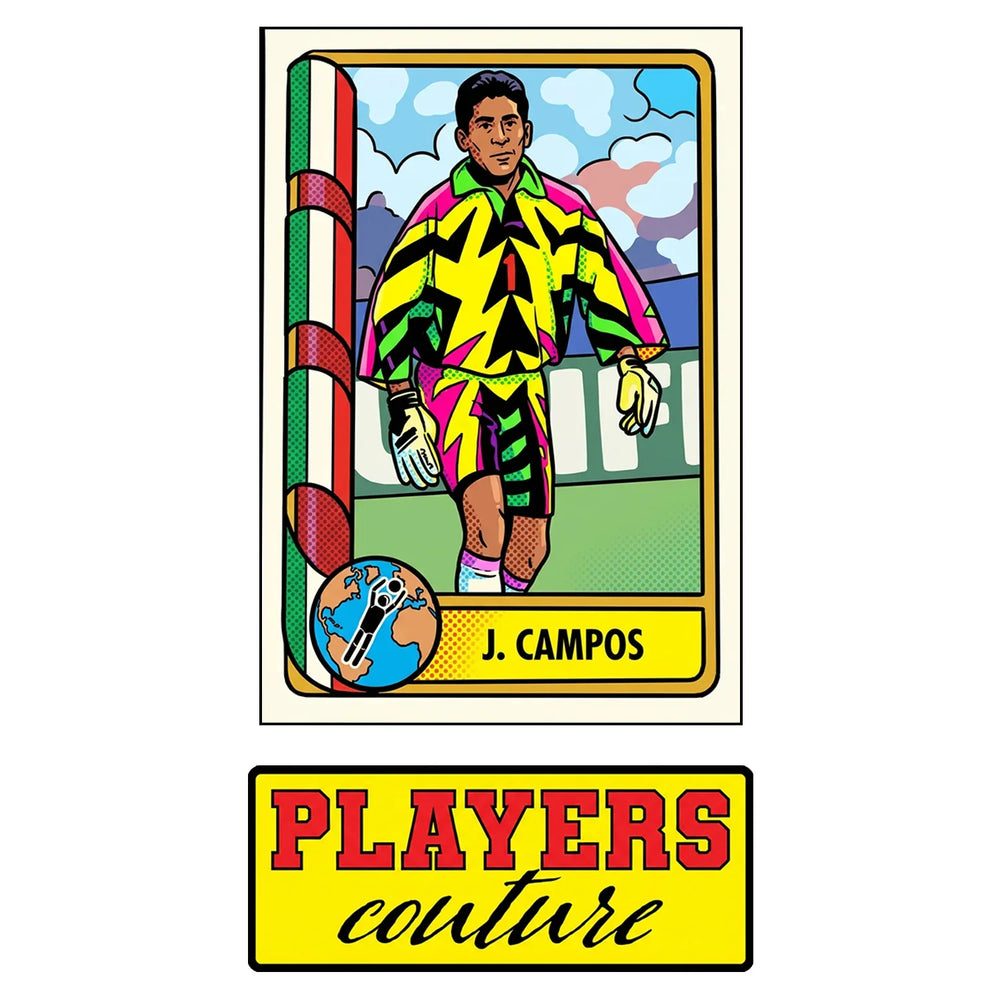 Jorge Campos World Cup Sticker Men's T-Shirt – close-up detail shot of the Jorge Campos World Cup Players Couture logo design