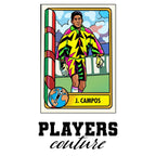 Jorge Campos World Cup Sticker Men's T-Shirt – white close-up detail shot of the Jorge Campos Players Couture logo design