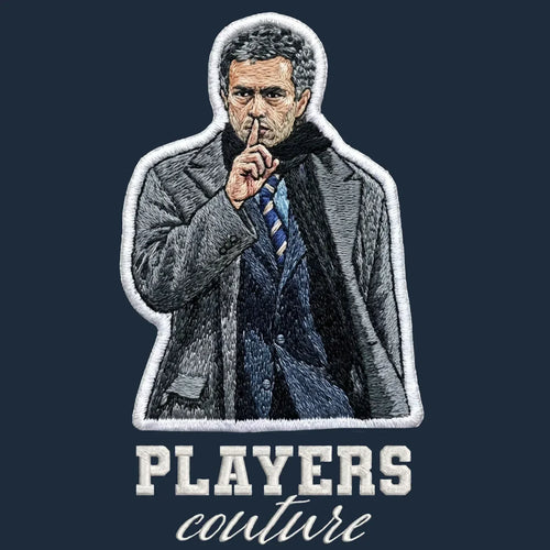 Jose Mourinho Badge Men's Hoodie – navy close-up detail shot of the Jose Mourinho Players Couture logo design