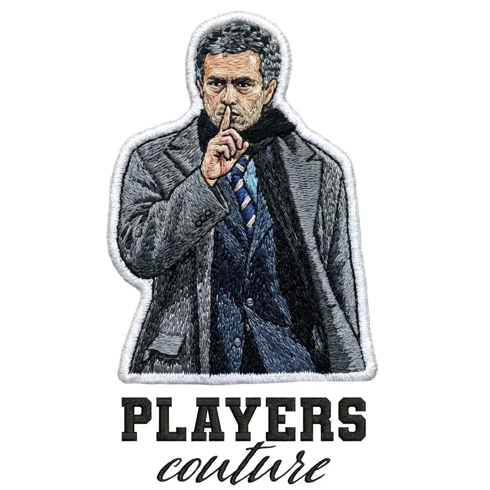 Jose Mourinho Badge Men's Hoodie – white close-up detail shot of the Jose Mourinho Players Couture logo design