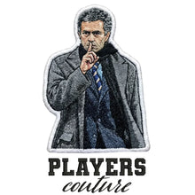 Jose Mourinho Badge Men's Hoodie – white close-up detail shot of the Jose Mourinho Players Couture logo design