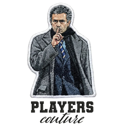 Jose Mourinho Badge Men's Hoodie – white close-up detail shot of the Jose Mourinho Players Couture logo design