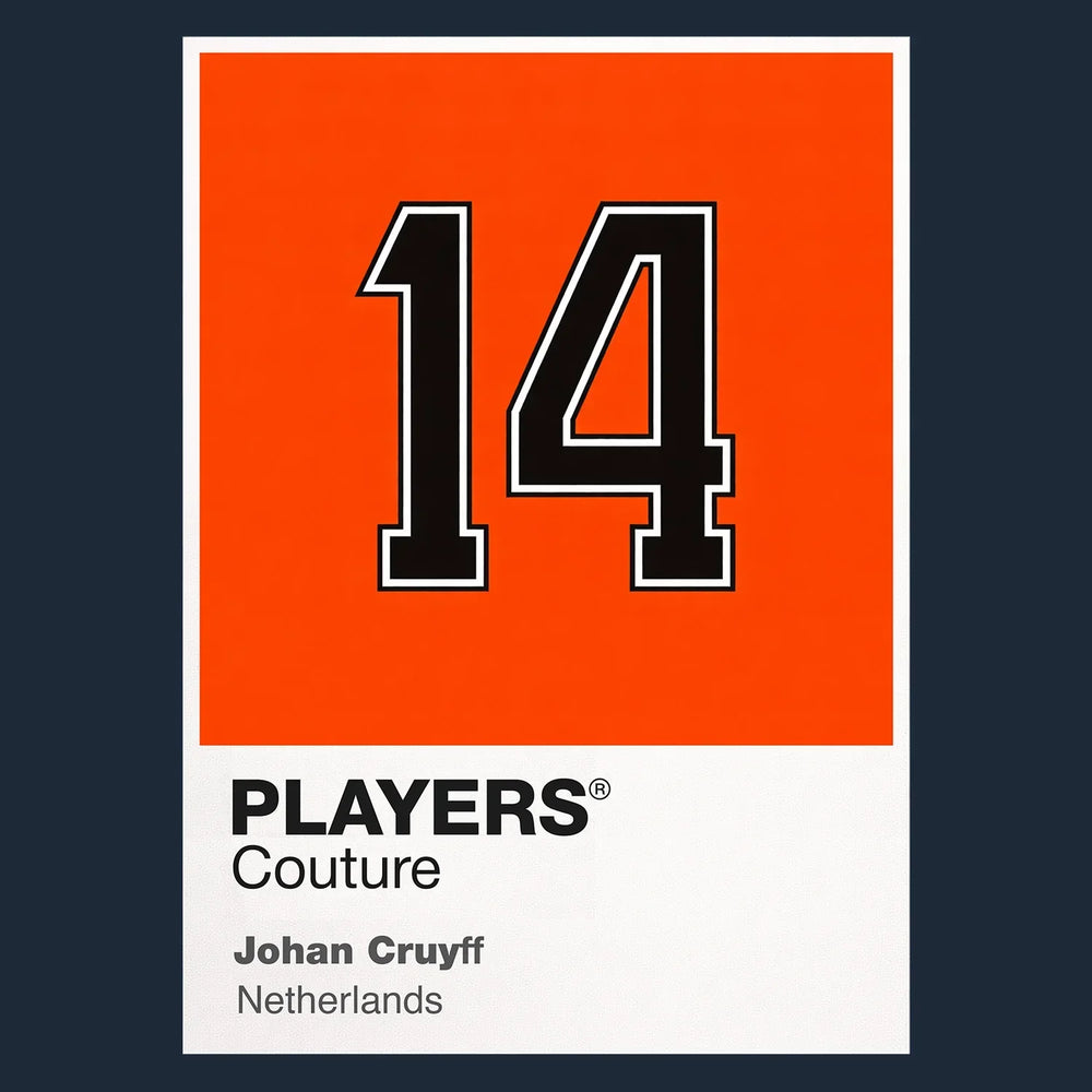 Johan Cruyff 14 Football Shirt Frame Men's Hoodie – navy close-up detail shot of the Johan Cruyff Players Couture logo design