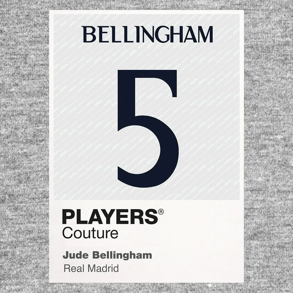 Jude Bellingham 5 Football Shirt Frame Men's Hoodie – grey close-up detail shot of the Jude Bellingham Players Couture logo