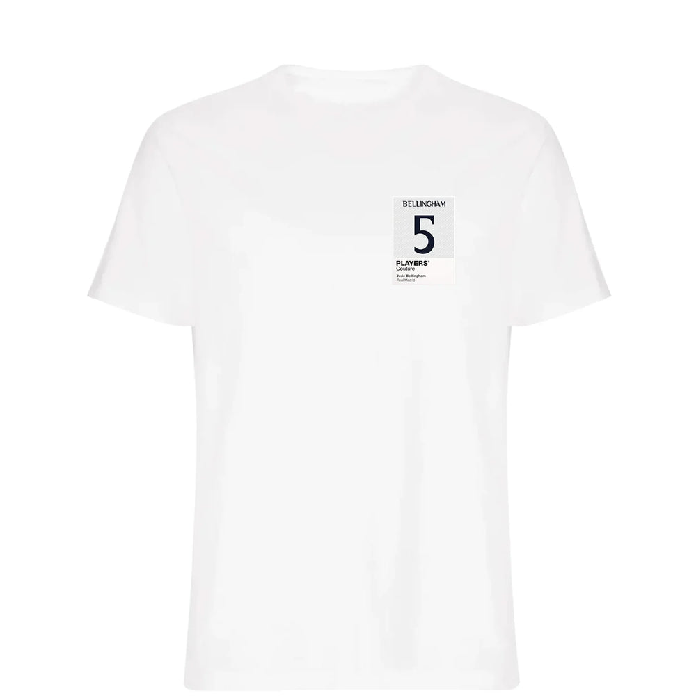 Jude Bellingham 5 Football t-shirt – white men's t-shirt featuring the Jude Bellingham 5 Football Players Couture logo