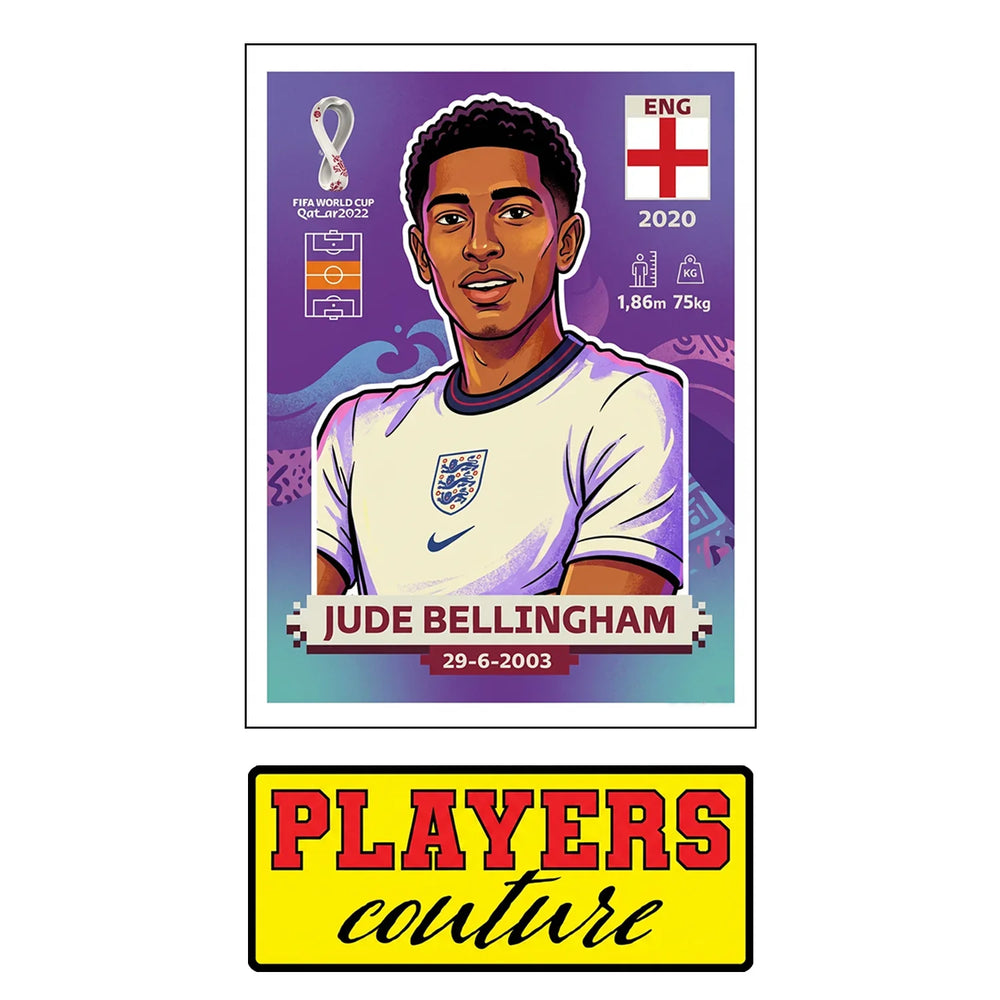 Jude Bellingham World Cup Sticker Men's T-Shirt – close-up detail shot of the Jude Bellingham World Cup Players Couture logo