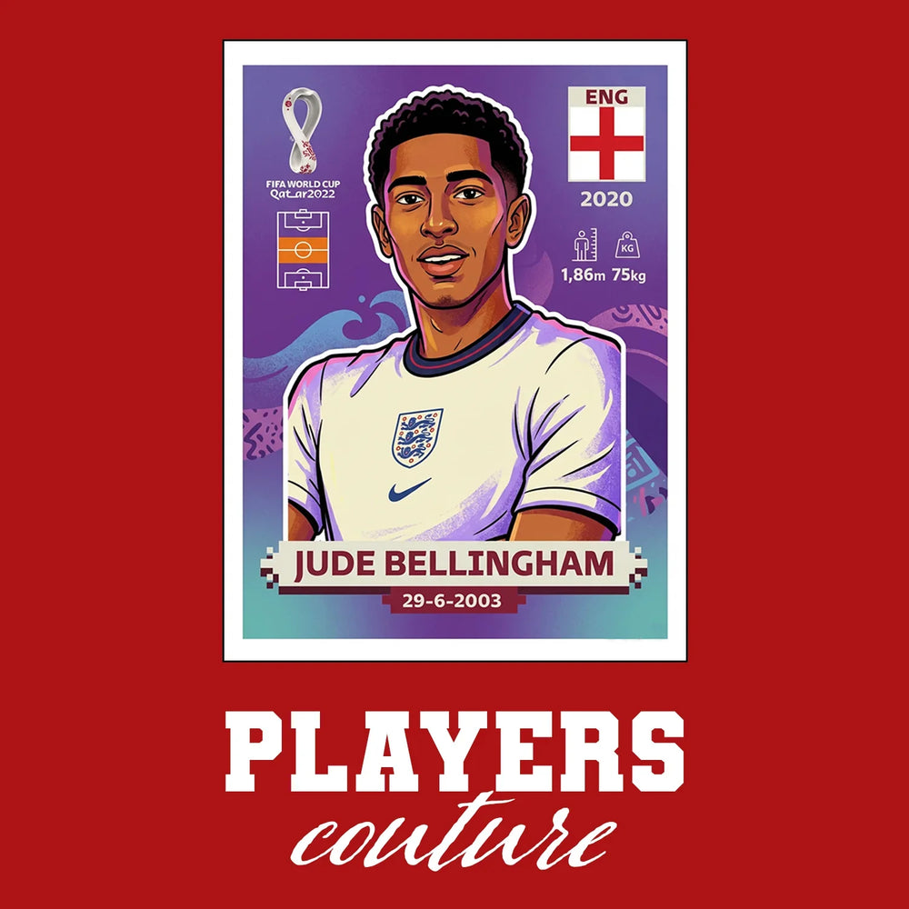 Jude Bellingham World Cup Sticker Men's T-Shirt – red close-up detail shot of the Jude Bellingham World Cup Players Couture