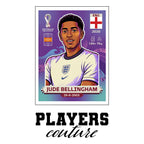 Jude Bellingham World Cup Sticker Men's T-Shirt – white close-up detail shot of the Jude Bellingham Players Couture logo