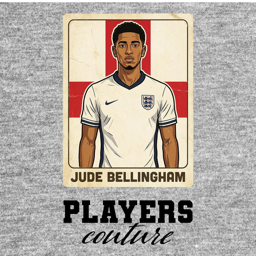 Jude Bellingham 2026 World Cup Sticker Men's T-Shirt – grey close-up detail shot of the Jude Bellingham 2026 World Cup