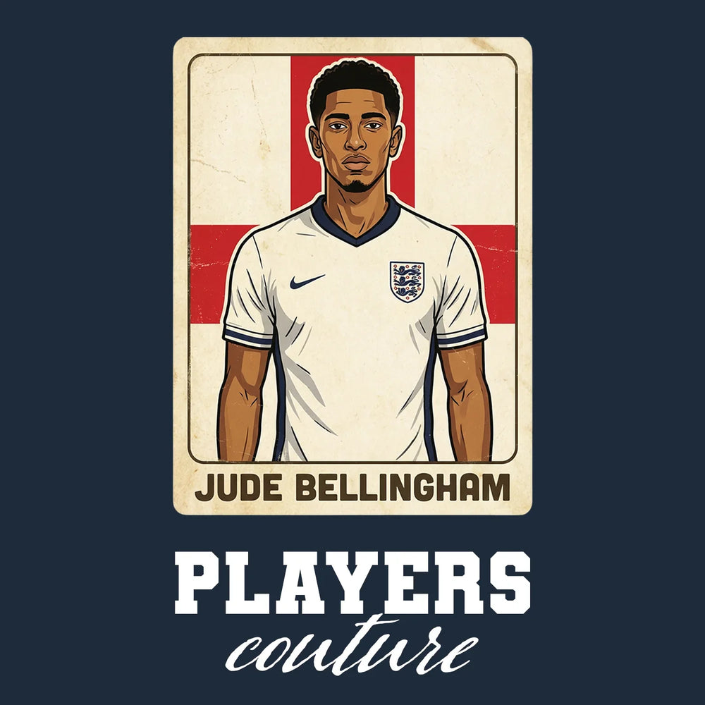 Jude Bellingham 2026 World Cup Sticker Men's T-Shirt – navy close-up detail shot of the Jude Bellingham 2026 World Cup