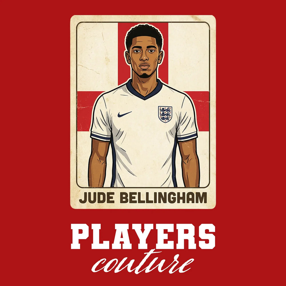 Jude Bellingham 2026 World Cup Sticker Men's T-Shirt – red close-up detail shot of the Jude Bellingham 2026 World Cup