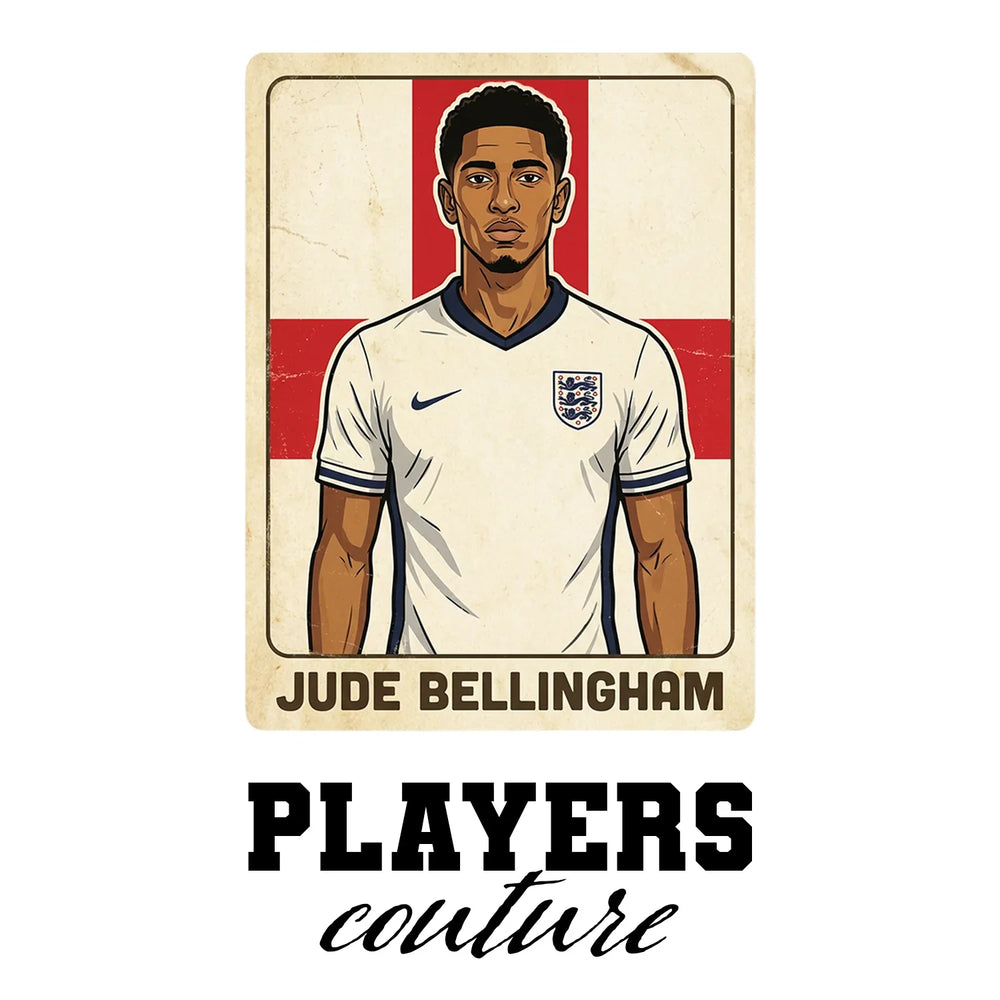 Jude Bellingham 2026 World Cup Sticker Men's T-Shirt – white close-up detail shot of the Jude Bellingham Players Couture