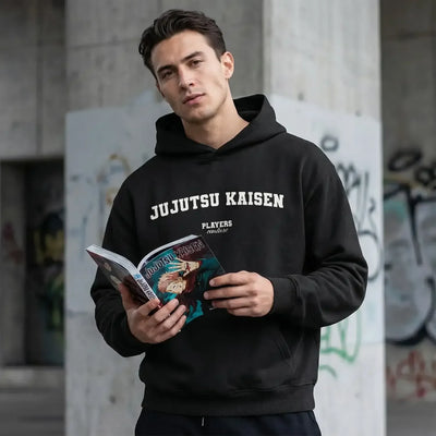 Jujutsu Kaisen hoodie – navy men's hoodie with white Jujutsu Kaisen letters and Players Couture logo on the chest