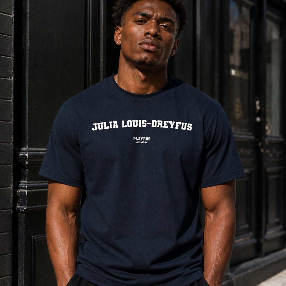 Julia Louis-Dreyfus navy men's T-shirt lifestyle photograph 5