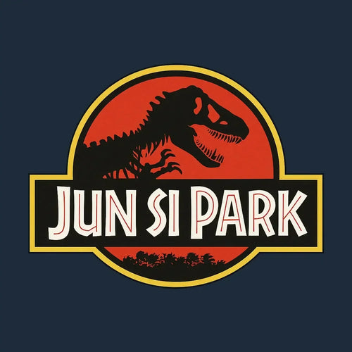 Jun Si Park Logo Men's T-Shirt – navy close-up detail shot of the Jun Si Park Players Couture logo design