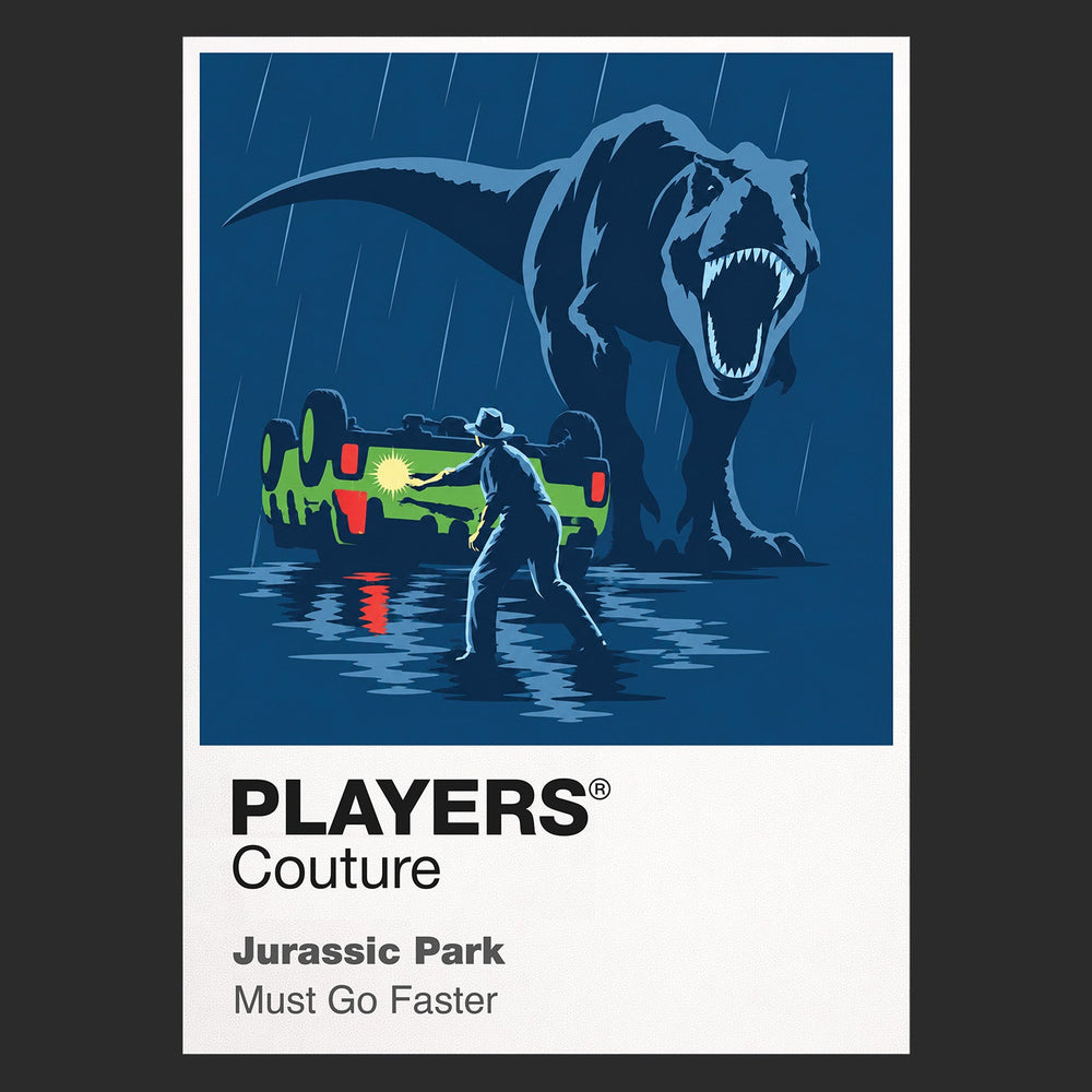 Jurassic Park Alan Grant, Ellie Sattler and the children beneath the towering silhouette of a Tyrannosaurus rex Icon Frame artwork in black