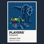 Jurassic Park Alan Grant, Ellie Sattler and the children beneath the towering silhouette of a Tyrannosaurus rex Icon Frame artwork in navy