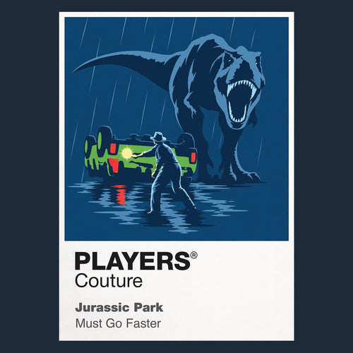 Jurassic Park Alan Grant, Ellie Sattler and the children beneath the towering silhouette of a Tyrannosaurus rex Icon Frame artwork in navy