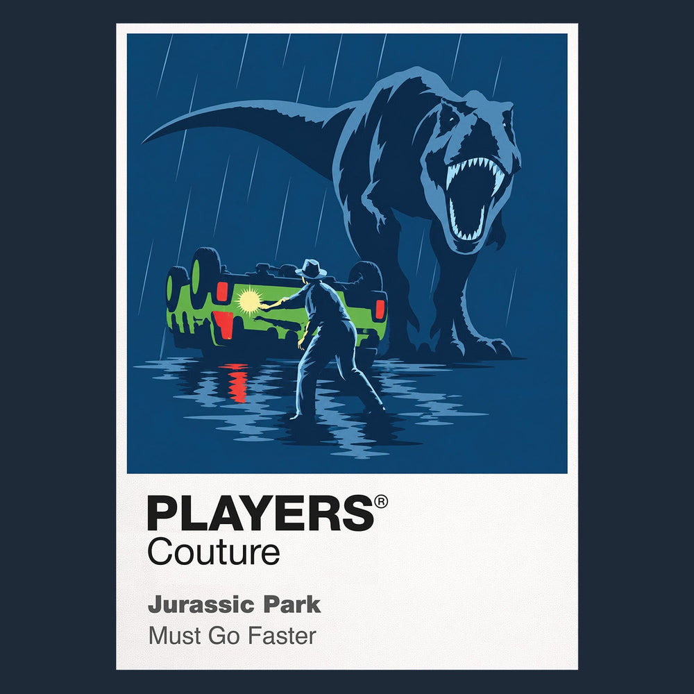 Jurassic Park Alan Grant, Ellie Sattler and the children beneath the towering silhouette of a Tyrannosaurus rex Icon Frame artwork in navy