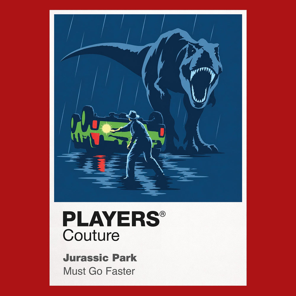 Jurassic Park Alan Grant, Ellie Sattler and the children beneath the towering silhouette of a Tyrannosaurus rex Icon Frame artwork in red