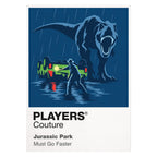 Jurassic Park Alan Grant, Ellie Sattler and the children beneath the towering silhouette of a Tyrannosaurus rex Icon Frame artwork on white