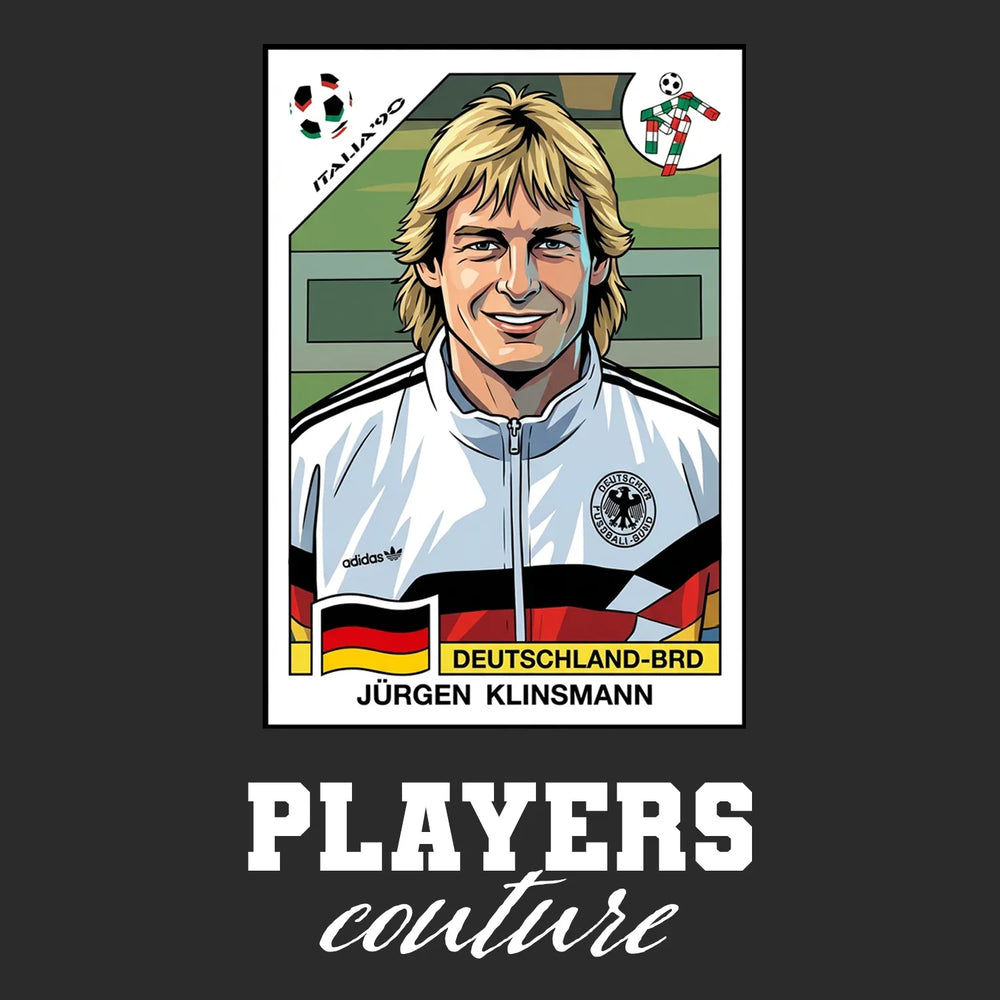 Jurgen Klinsmann World Cup Sticker Men's T-Shirt – black close-up detail shot of the Jurgen Klinsmann World Cup Players