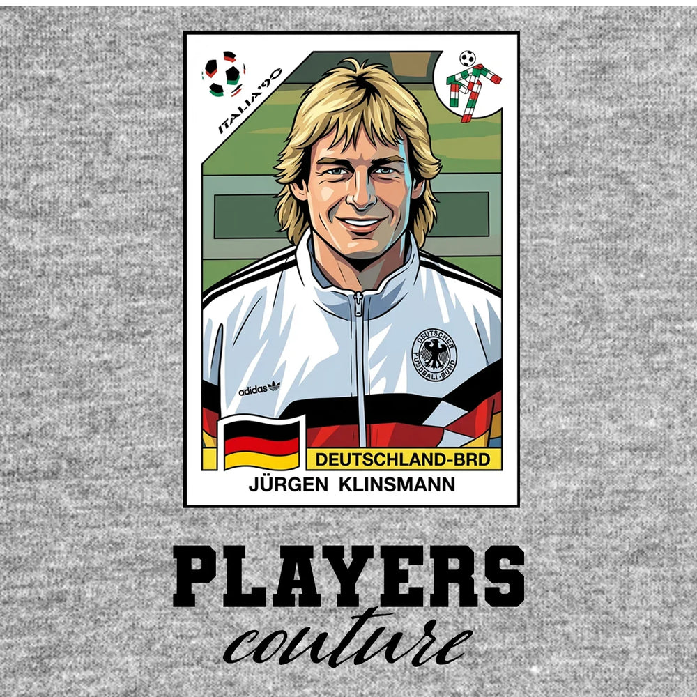 Jurgen Klinsmann World Cup Sticker Men's T-Shirt – grey close-up detail shot of the Jurgen Klinsmann World Cup Players
