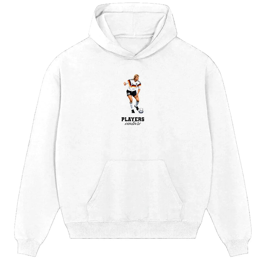 Jurgen Klinsmann hoodie – white men's hoodie with black Jurgen Klinsmann letters and Players Couture logo on the chest