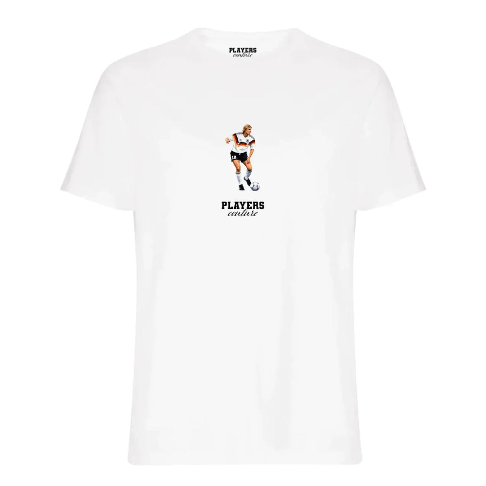 Jurgen Klinsmann Icon t-shirt – white men's t-shirt with black Jurgen Klinsmann Icon letters and Players Couture logo on the