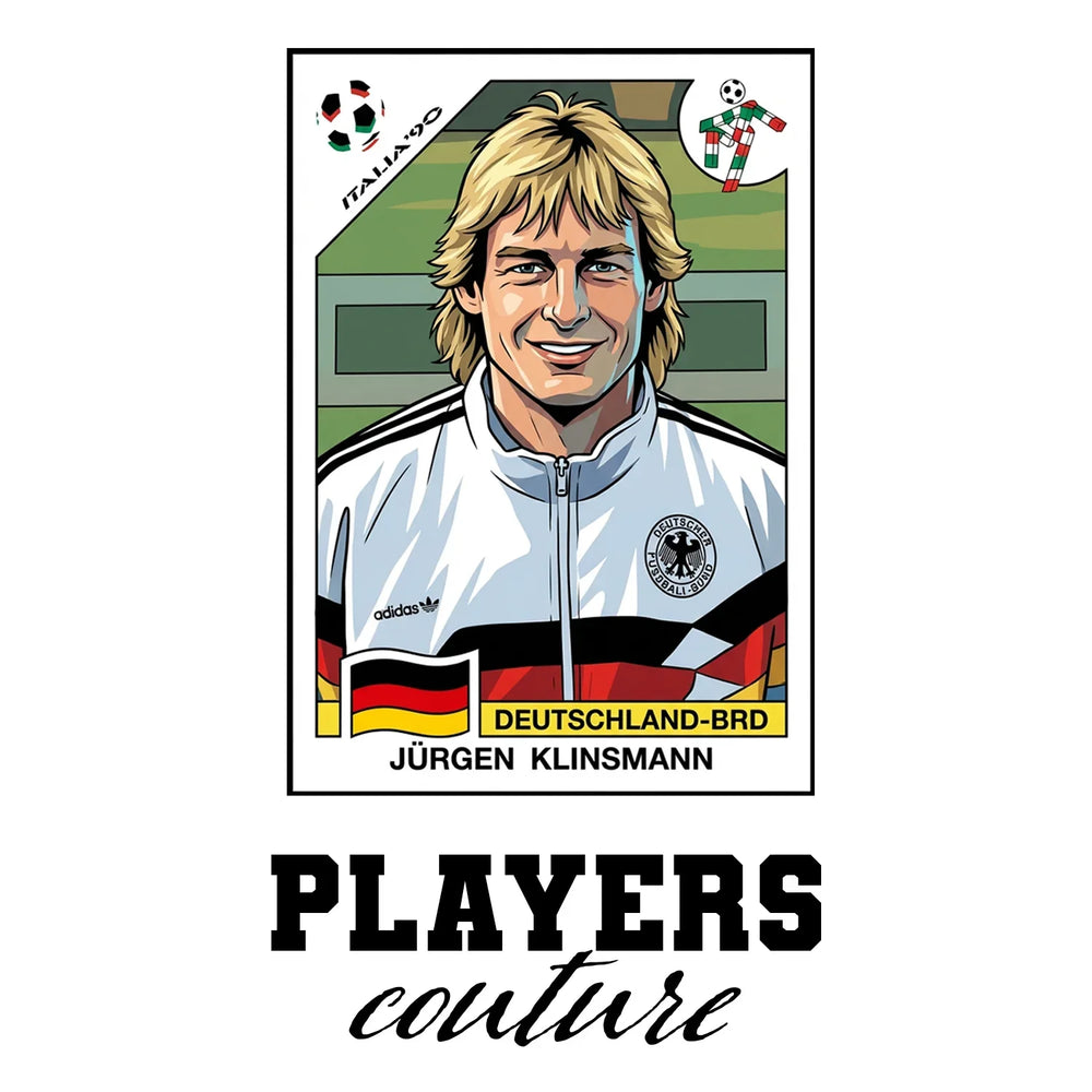 Jurgen Klinsmann World Cup Sticker Men's T-Shirt – white close-up detail shot of the Jurgen Klinsmann Players Couture logo