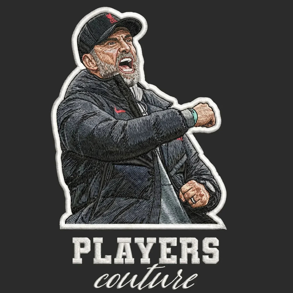 Jurgen Klopp Celebration Badge Men's Hoodie – black close-up detail shot of the Jurgen Klopp Celebration Players Couture