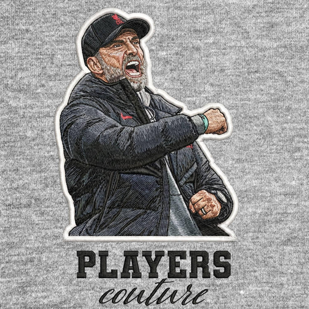 Jurgen Klopp Celebration Badge Men's Hoodie – grey close-up detail shot of the Jurgen Klopp Celebration Players Couture logo