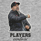 Jurgen Klopp Celebration Badge Men's Hoodie – grey close-up detail shot of the Jurgen Klopp Celebration Players Couture logo