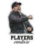 Jurgen Klopp Celebration Badge Men's T-Shirt – white close-up detail shot of the Jurgen Klopp Players Couture logo design
