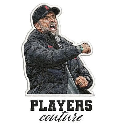 Jurgen Klopp Celebration Badge Men's T-Shirt – white close-up detail shot of the Jurgen Klopp Players Couture logo design