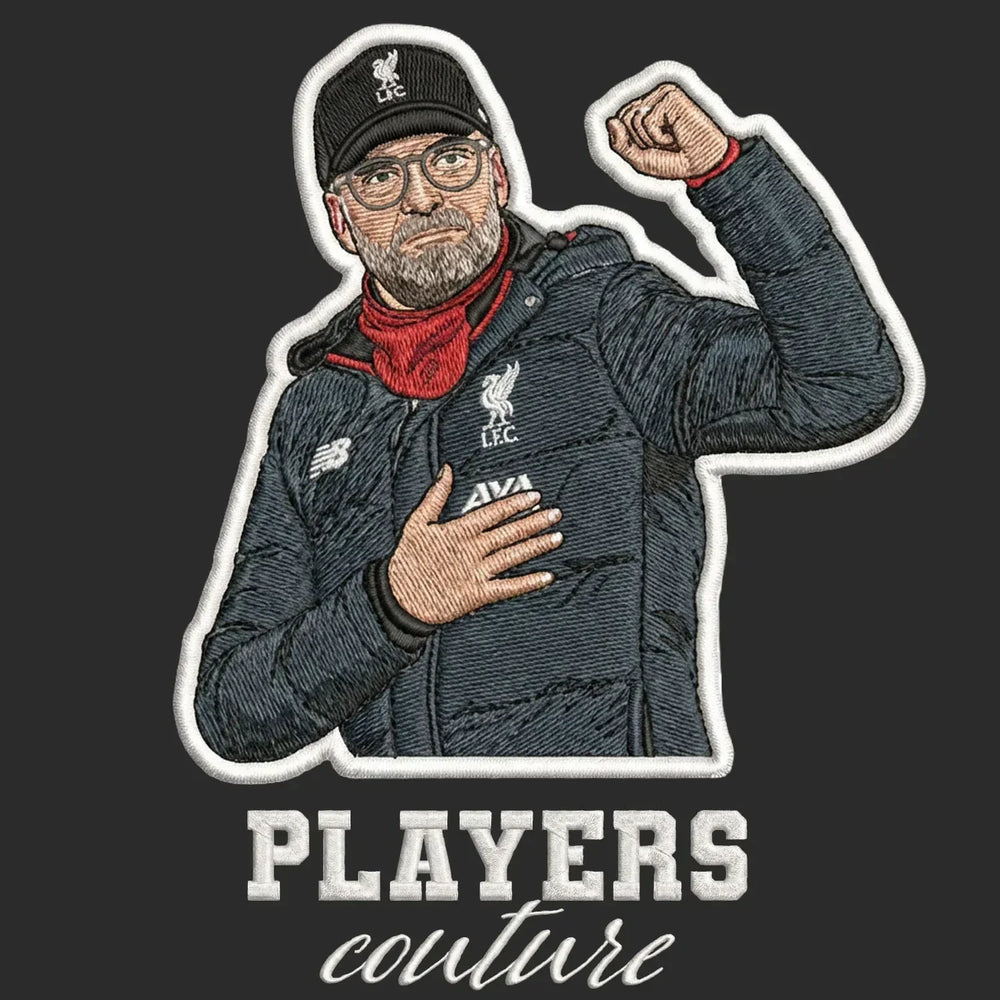 Jurgen Klopp Badge Men's Hoodie – black close-up detail shot of the Jurgen Klopp Players Couture logo design