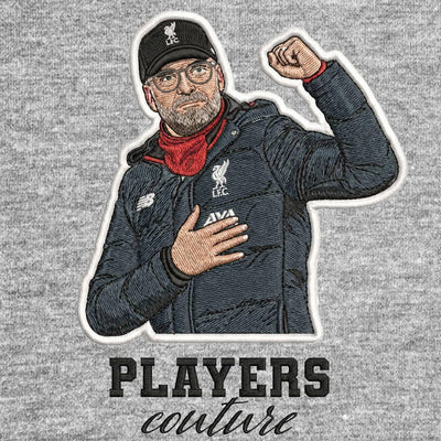 Jurgen Klopp Badge Men's Hoodie – grey close-up detail shot of the Jurgen Klopp Players Couture logo design