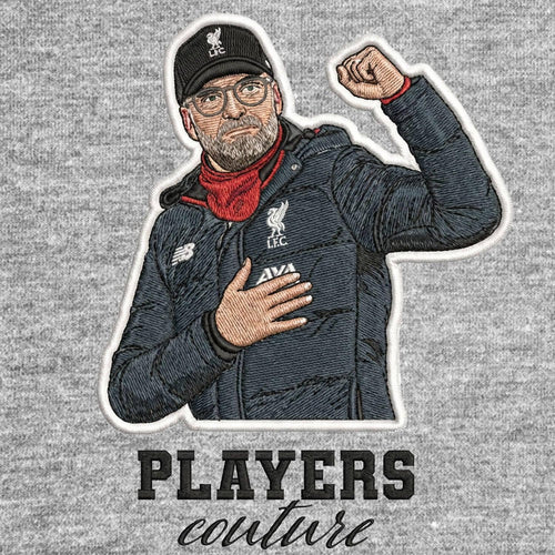 Jurgen Klopp Badge Men's Hoodie – grey close-up detail shot of the Jurgen Klopp Players Couture logo design